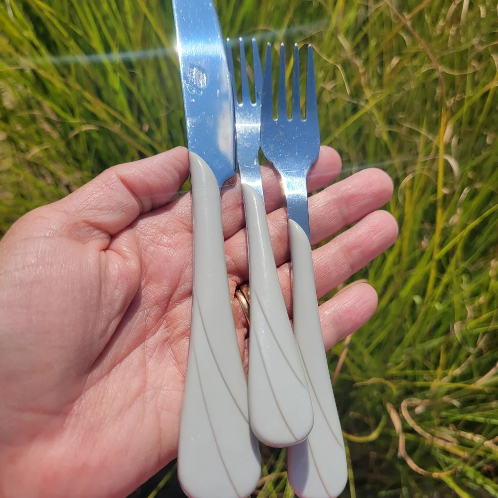 Fiesta Pearl Gray Flatware ~ Knife & 2 Small Forks ~ Retired Swirl ~ Post 86